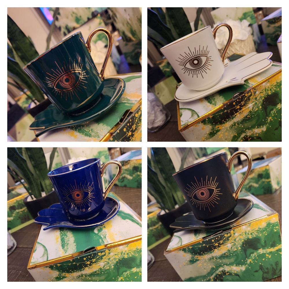 Evil eye coffee mugs with saucers